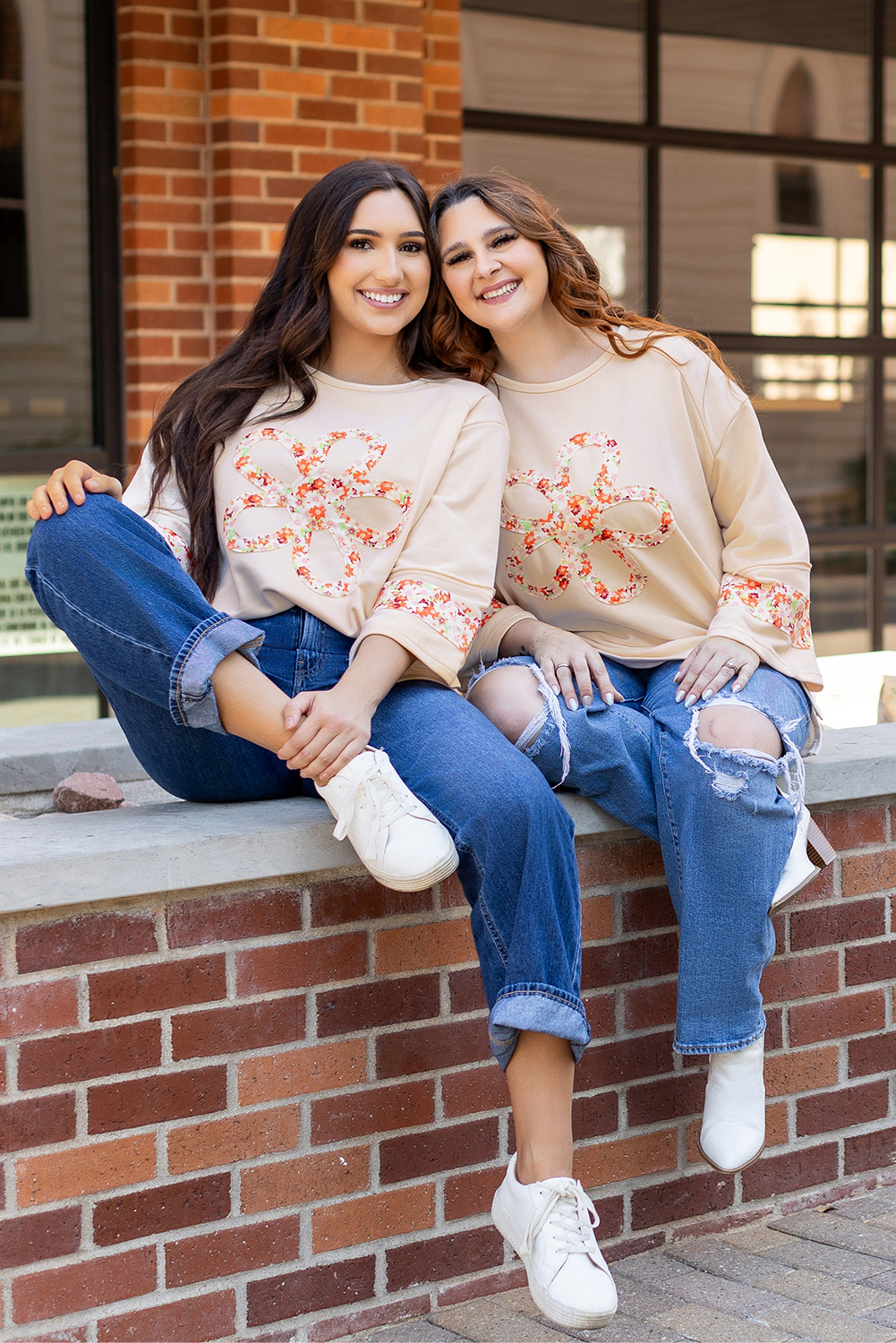 Beige Flower Patch Graphic Exposed Seam Wide Sleeve Top - loveforevers