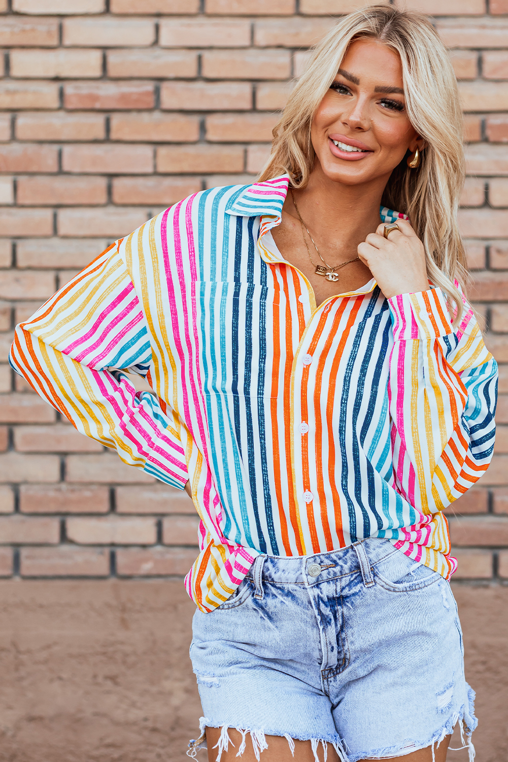 Orange Stripe Multicolor Drop Shoulder Loose Shirt - loveforevers