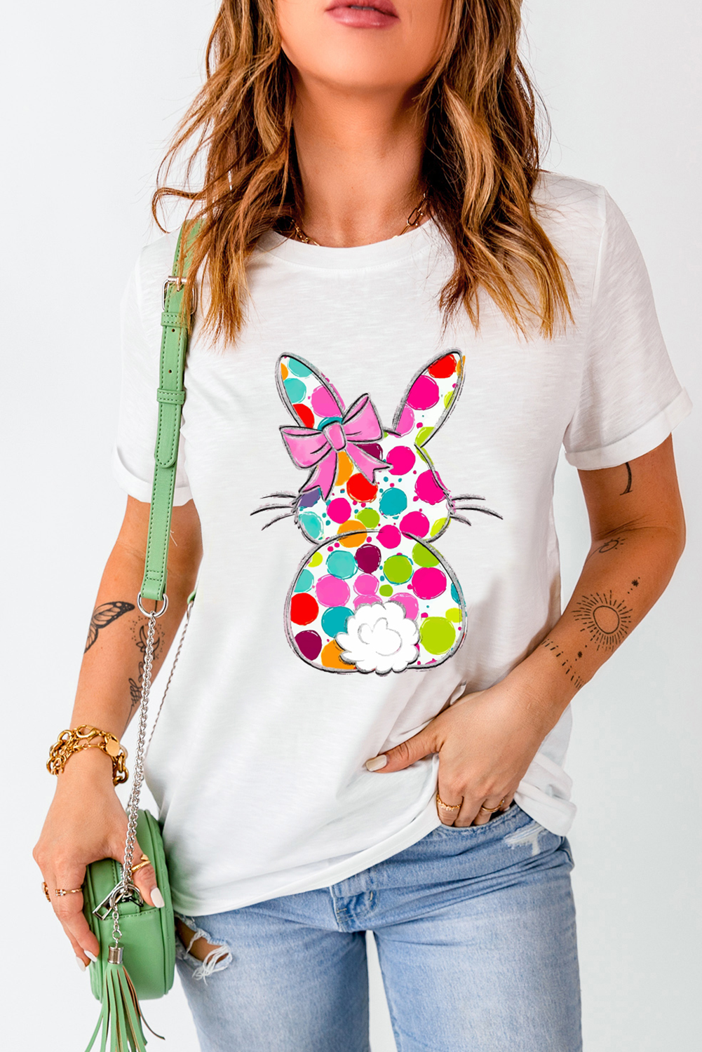 White Polka Dot Bow Rabbit Graphic Crewneck Easter Fashion Tee - loveforevers