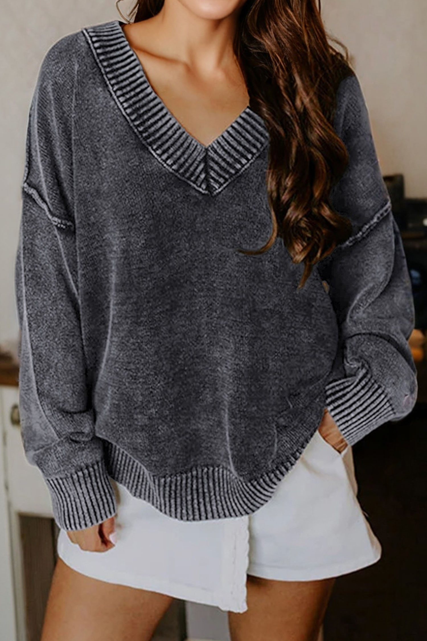 Four Leaf Clover Mineral Wash V Neck Knit Exposed Seam Drop Shoulder Loose Sweater - loveforevers