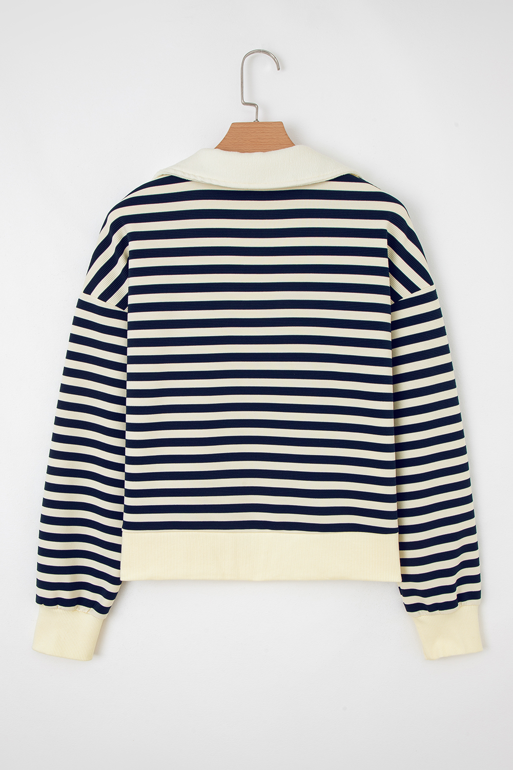 Blue Stripe Collared V Neck Long Sleeve Casual Top - loveforevers