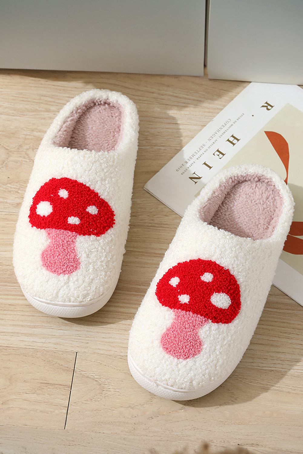 White Cute Cartoon Mushroom Graphic Fuzzy Winter Slippers - loveforevers
