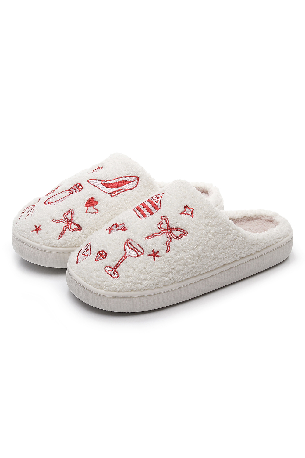Fiery Red Plush Asymmetric Wedding Doodles Embroidered Slippers - loveforevers