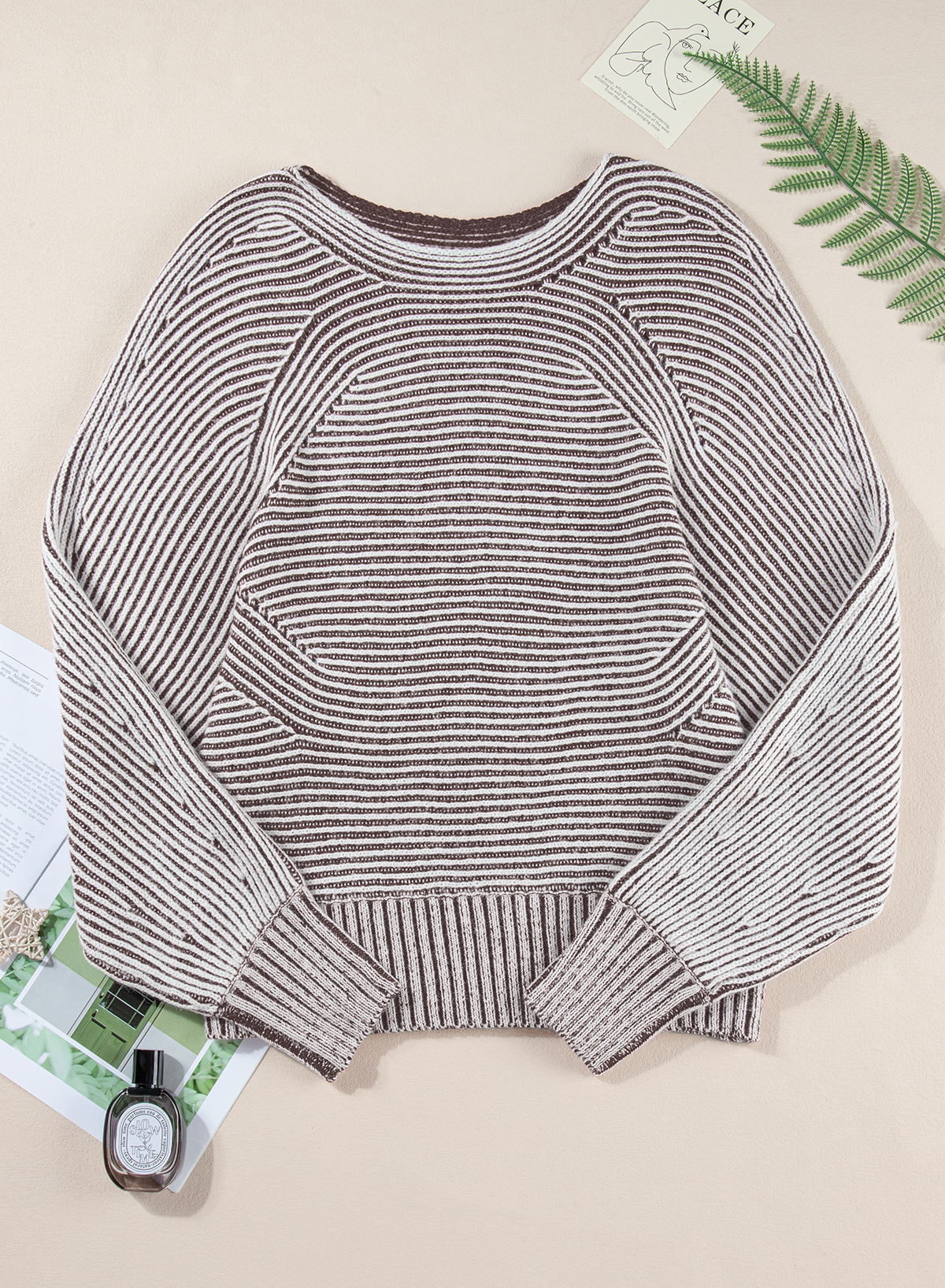 Coffee Striped Print Ribbed Knit Boat Neck Baggy Sweater - loveforevers