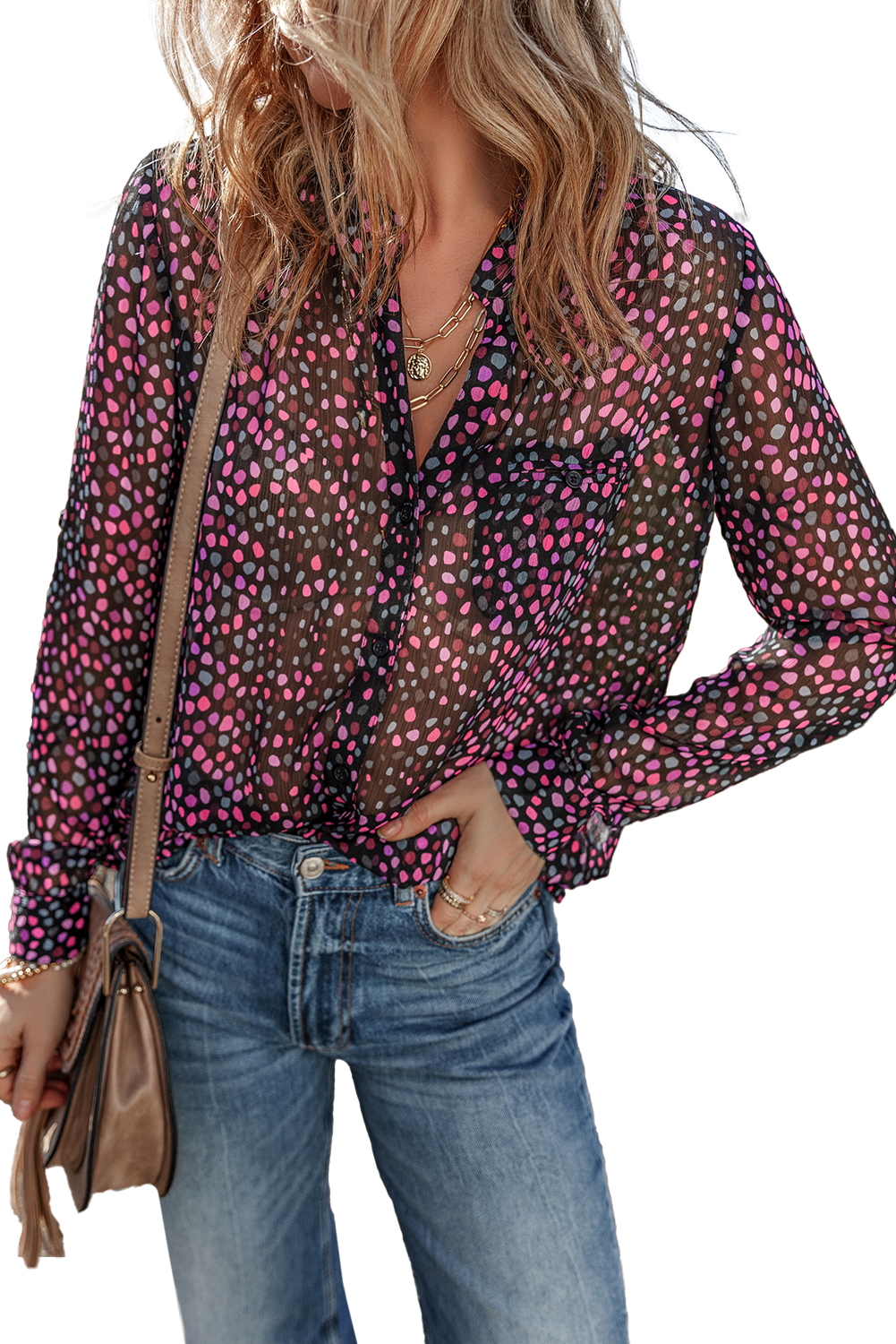 Grape Wine Polka Dot Printed Buttoned Casual Shirt - loveforevers