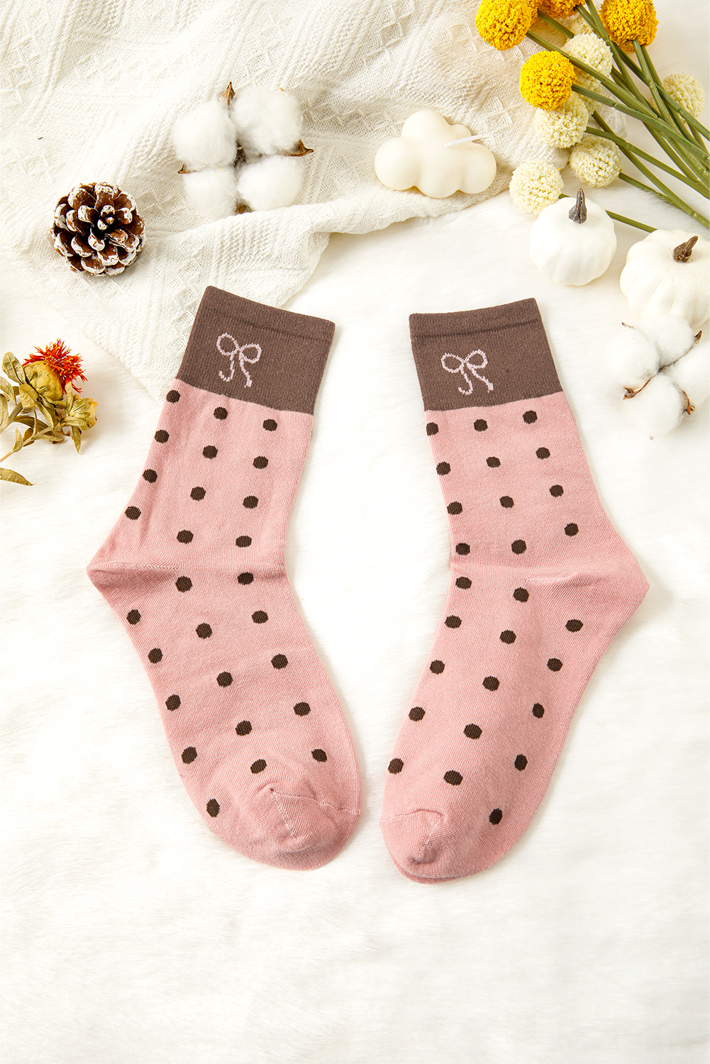 Blossom 1 Pairs Polka Dot Print Contrast Bow Block Socks - loveforevers