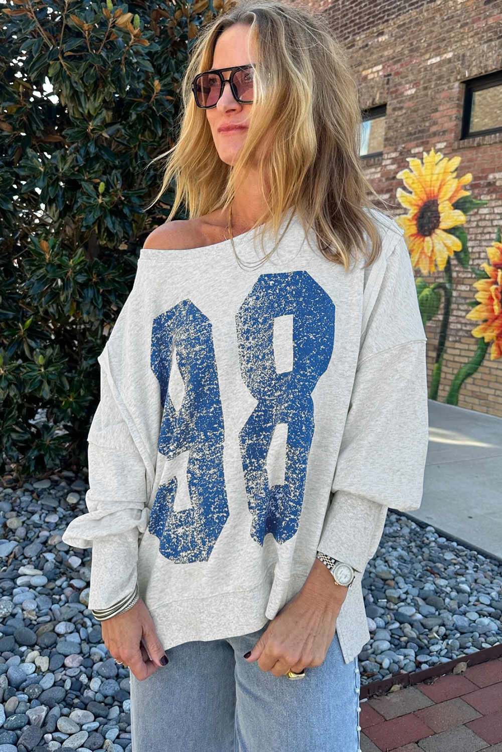 Light Grey Faded Varsity Print Loose Pullover Top - loveforevers