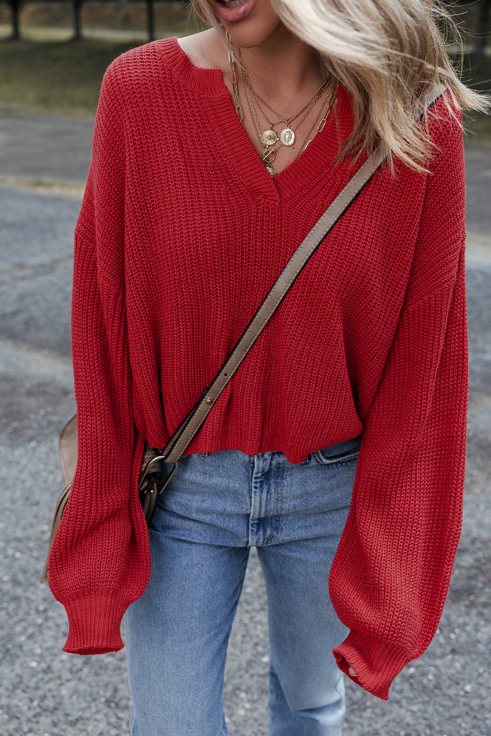Racing Red Solid Textured Knit V Neck Drop Shoulder Sweater - loveforevers