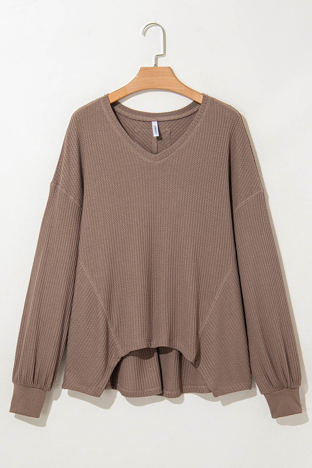 Light Pink Waffle V Neck Long Sleeve Drop Shoulder Loose Blouse - loveforevers