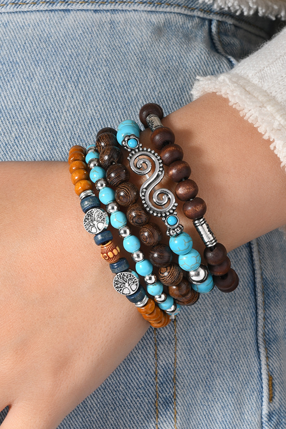 Cinnamon Boho 5pcs Turquoise Wood Beaded Elastic Bracelet Set - loveforevers