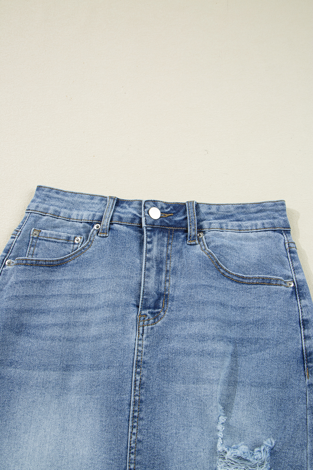 Sail Blue Dearlove Irregular Distressed Bottom Denim Midi Skirt - loveforevers