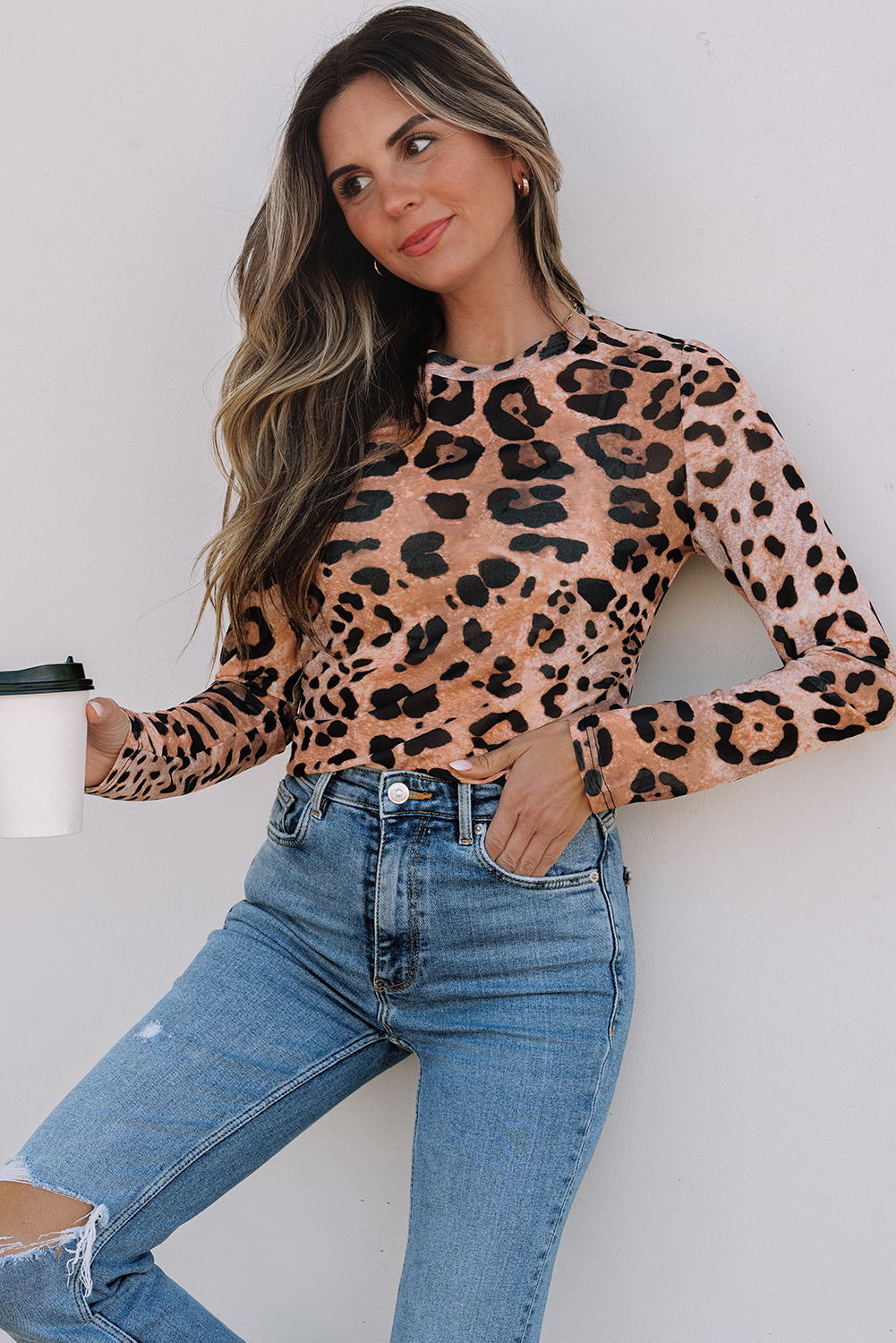 Brown Leopard Round Neck Long Sleeve Slim Top - loveforevers