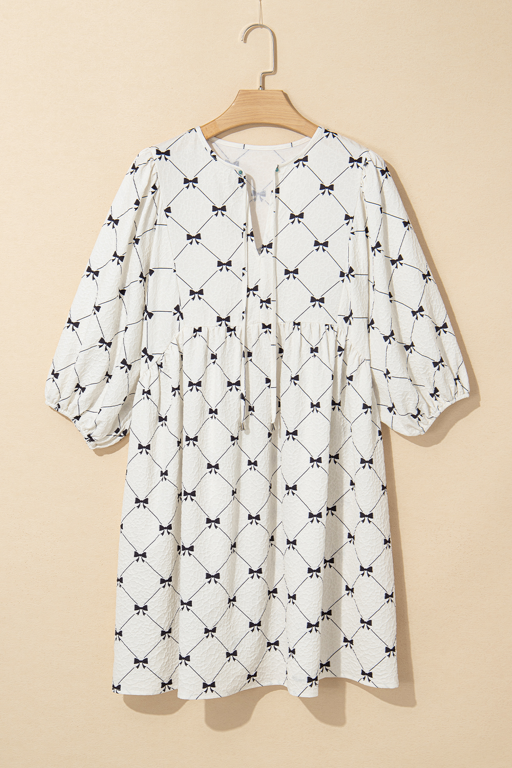 White Bowtie Pattern Textured Puff Half Sleeve Loose Mini Dress - loveforevers