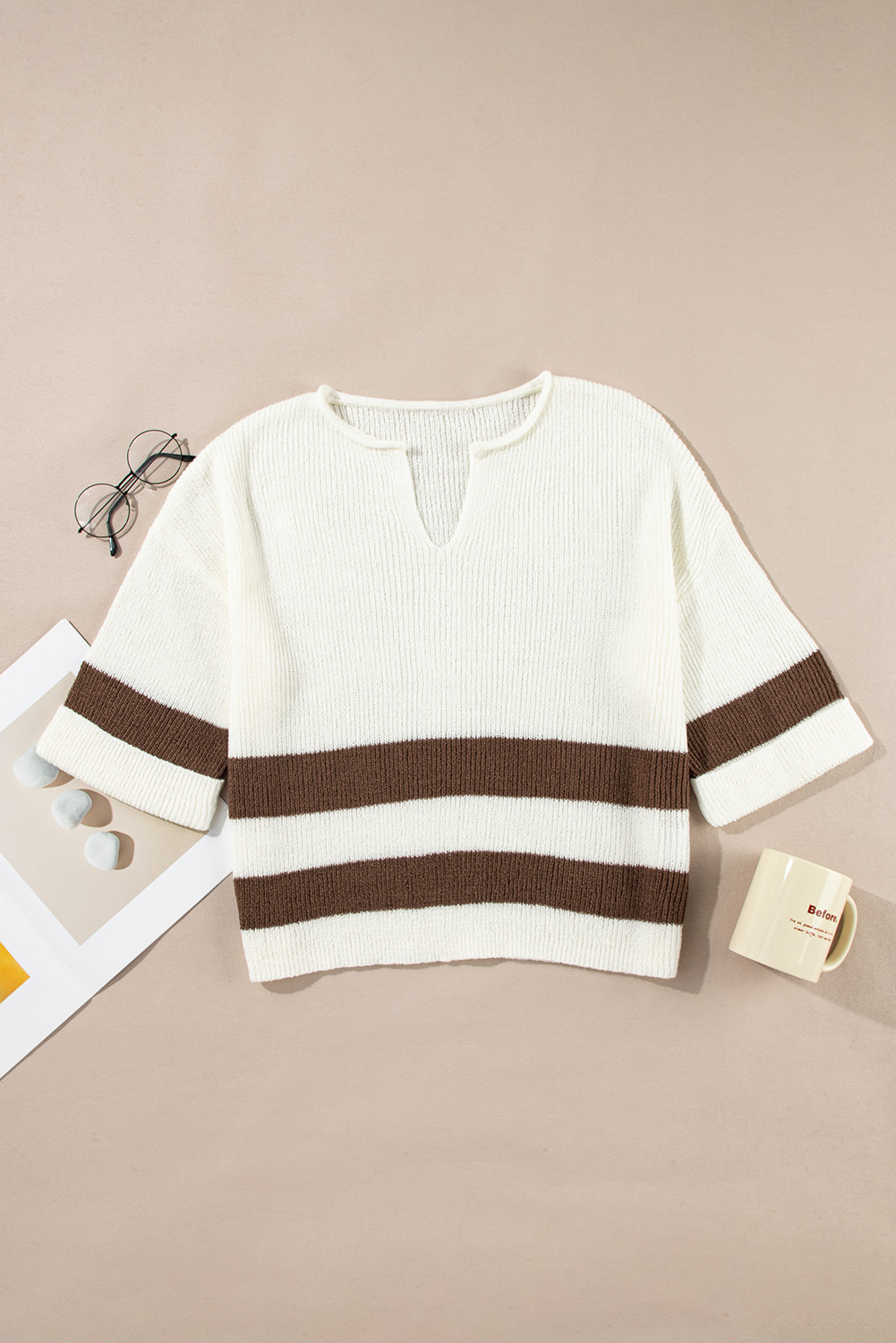Brown Striped Accent Notched V Neck Cropped Sweater T Shirt - loveforevers