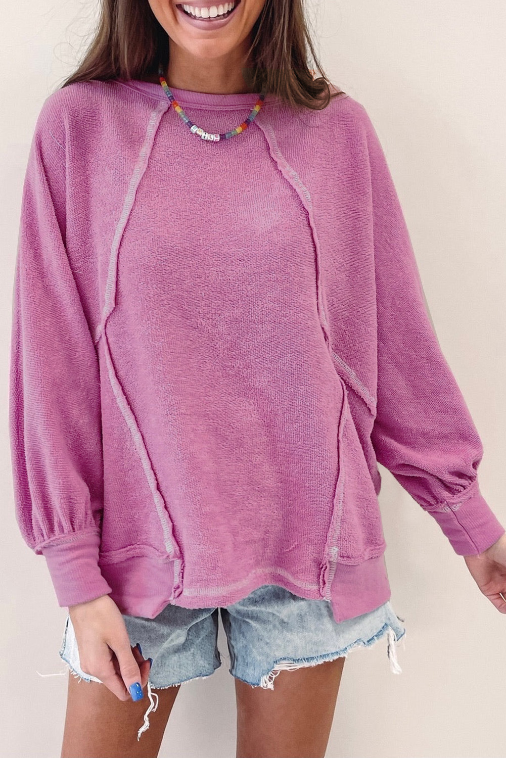 Pink Exposed Seam Round Neck Terry Pullover - loveforevers