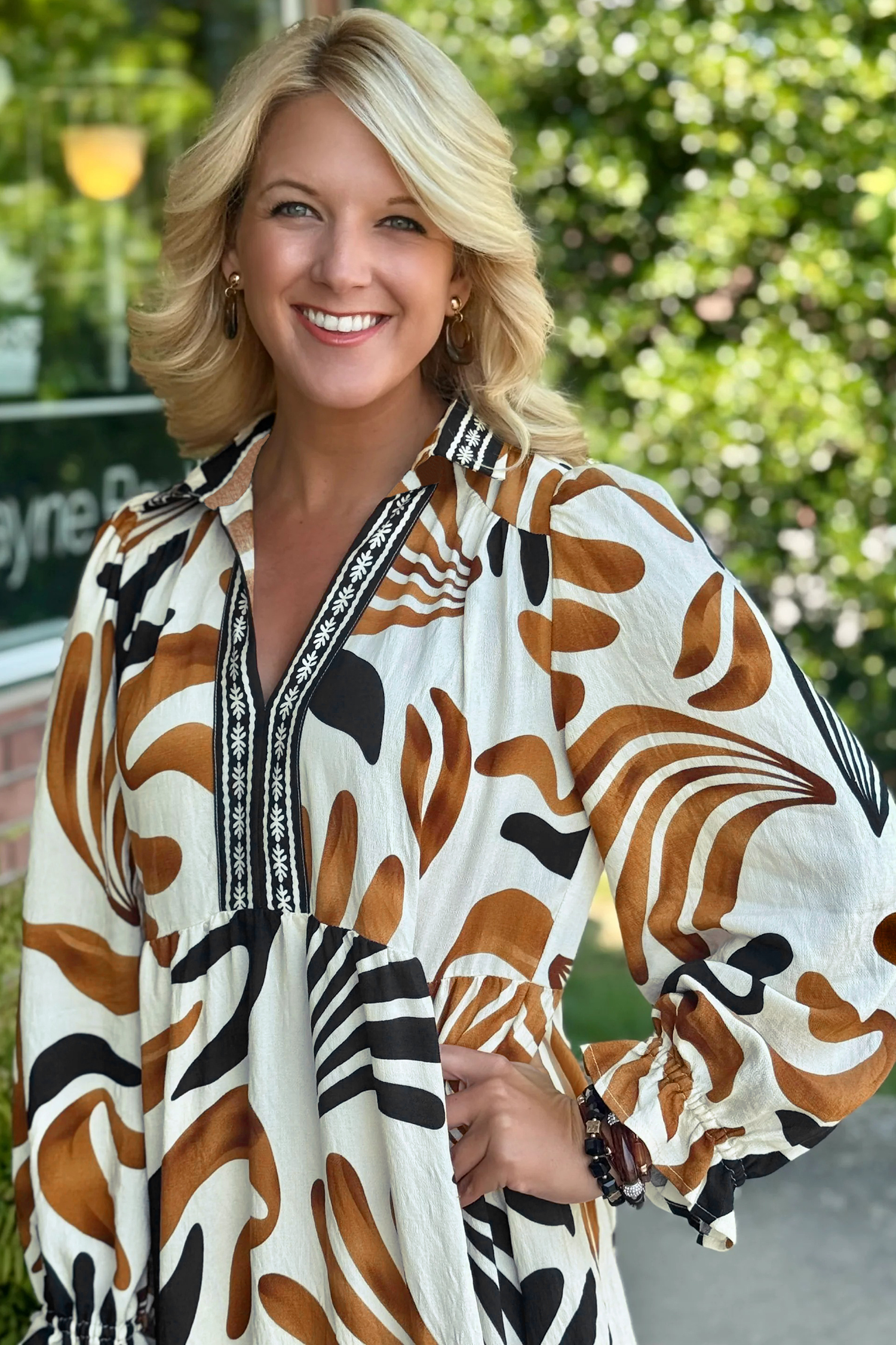 Brown Tropical Printed Contrast Trim Neck Long Sleeve Ruffle Hem Dress - loveforevers