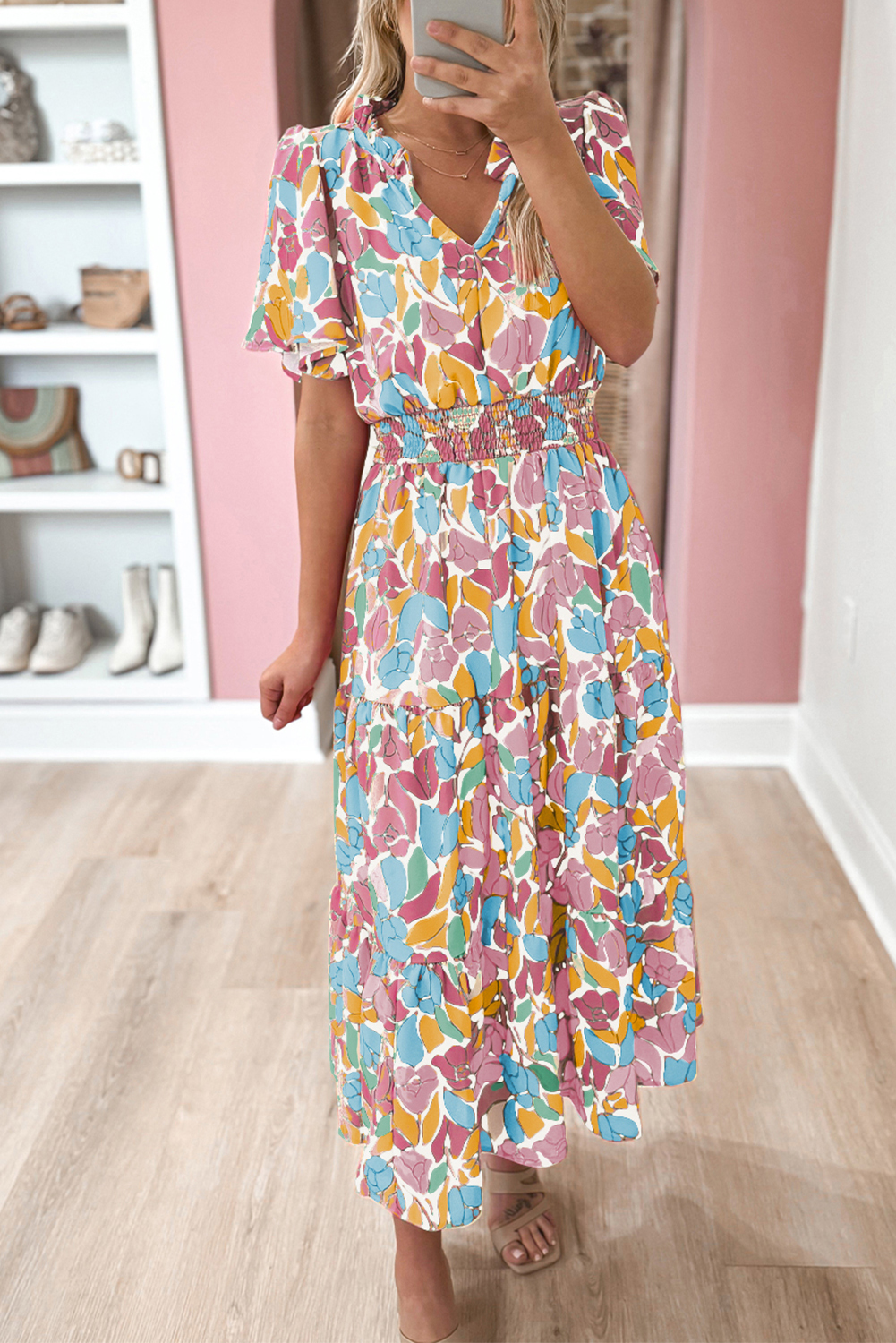 Pink Floral Short Sleeve Smocked Waist Maxi Dress - loveforevers