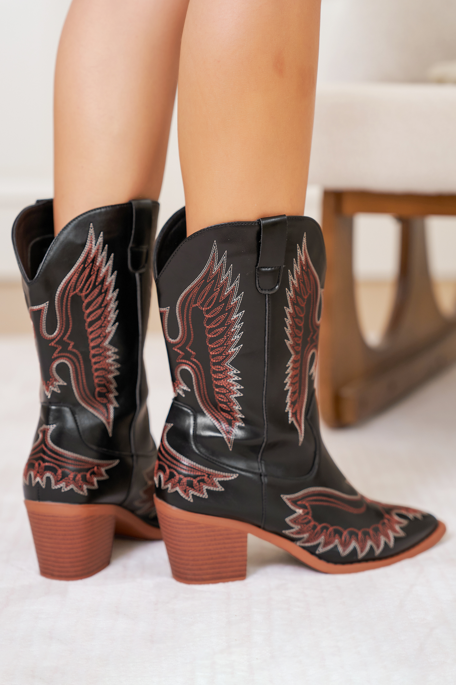 Black Western Eagle Embroidered Faux Leather Boots - loveforevers