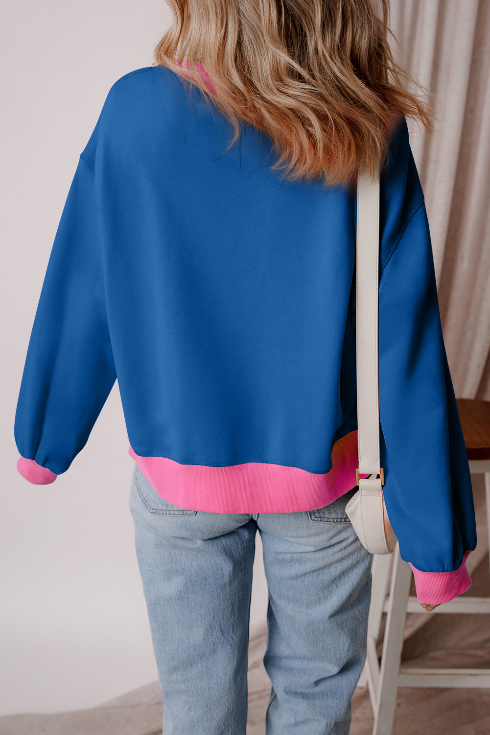Blue Rugby Bowknot Graphic Game Day Contrast Trim Drop Shoulder Casual Sweatshirt - loveforevers