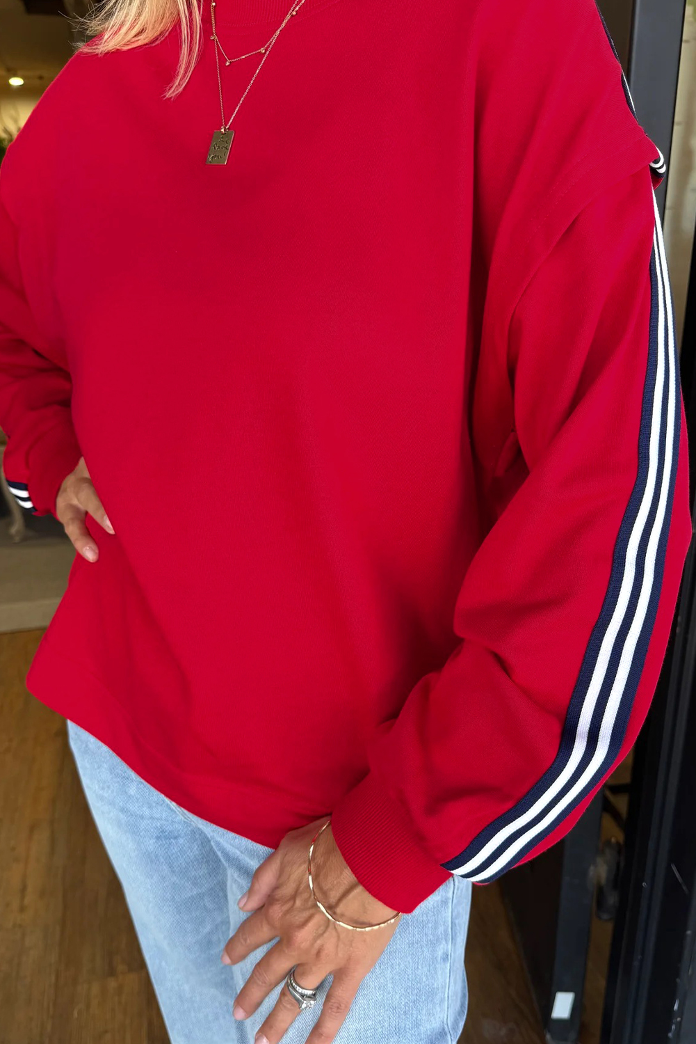 Fiery Red Contrast Striped Detail Varsity Sweatshirt - loveforevers