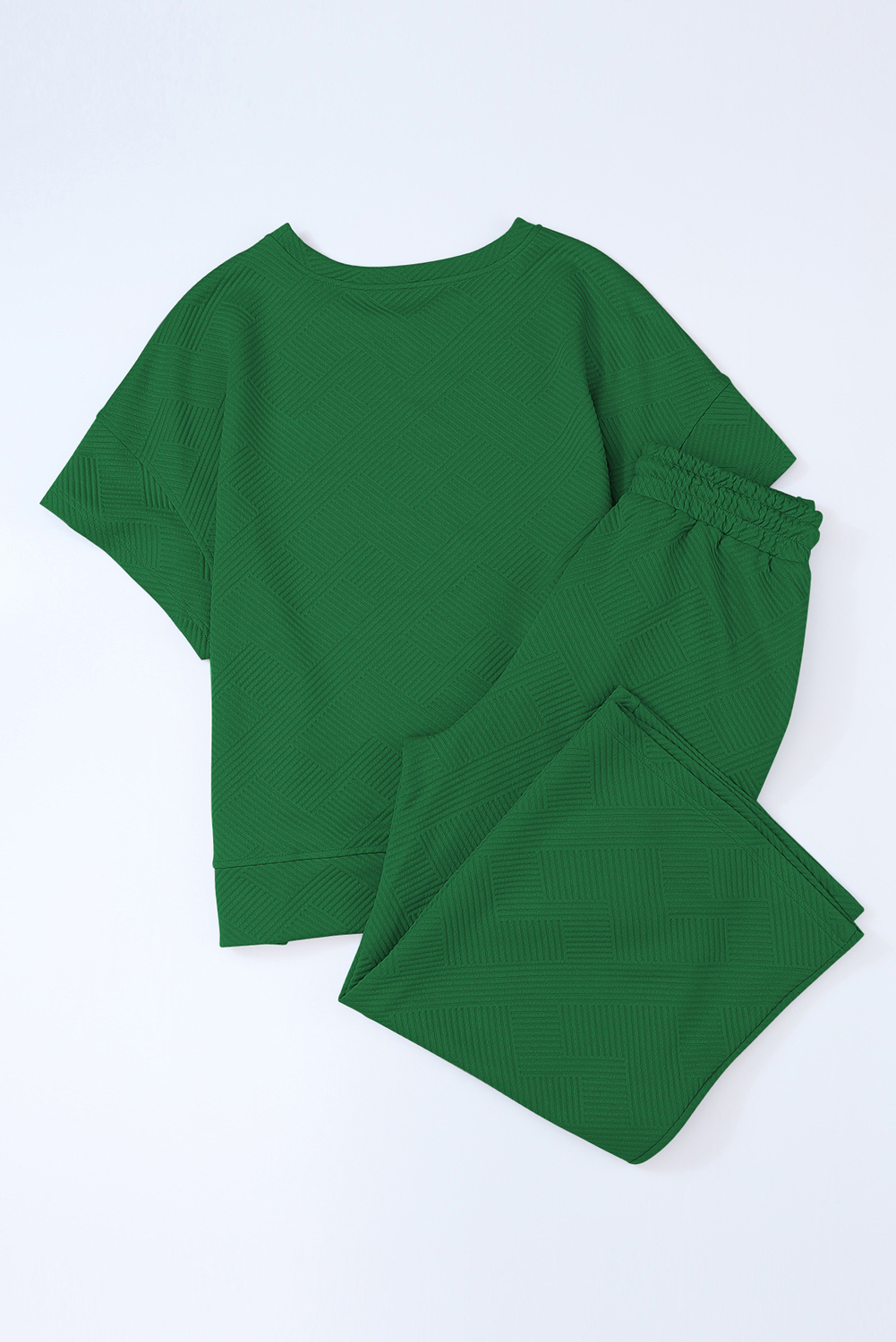 Dark Green Textured Loose Fit T Shirt and Drawstring Pants Set - loveforevers