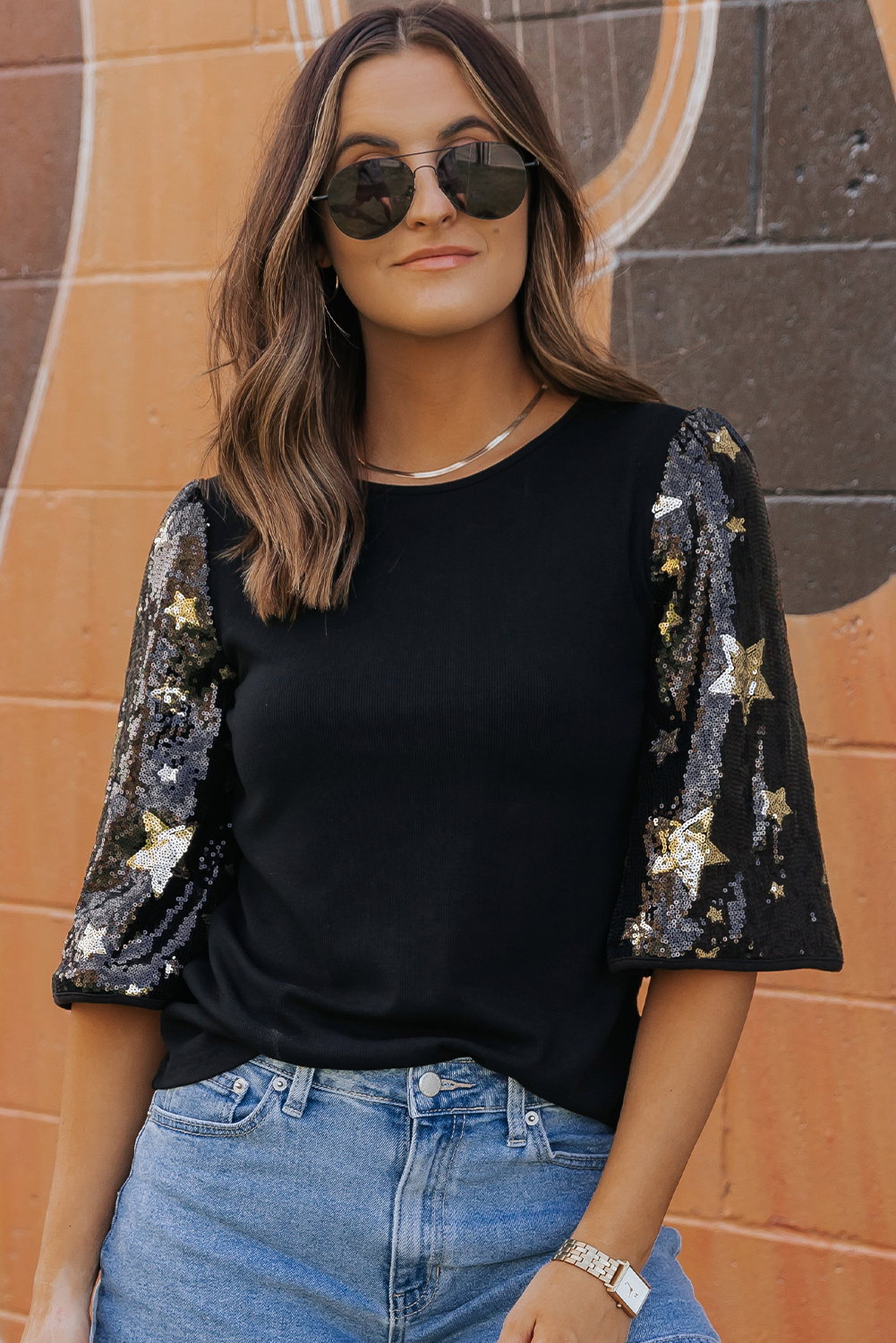 Black Star Sequin Splicing Half Sleeve Top - loveforevers