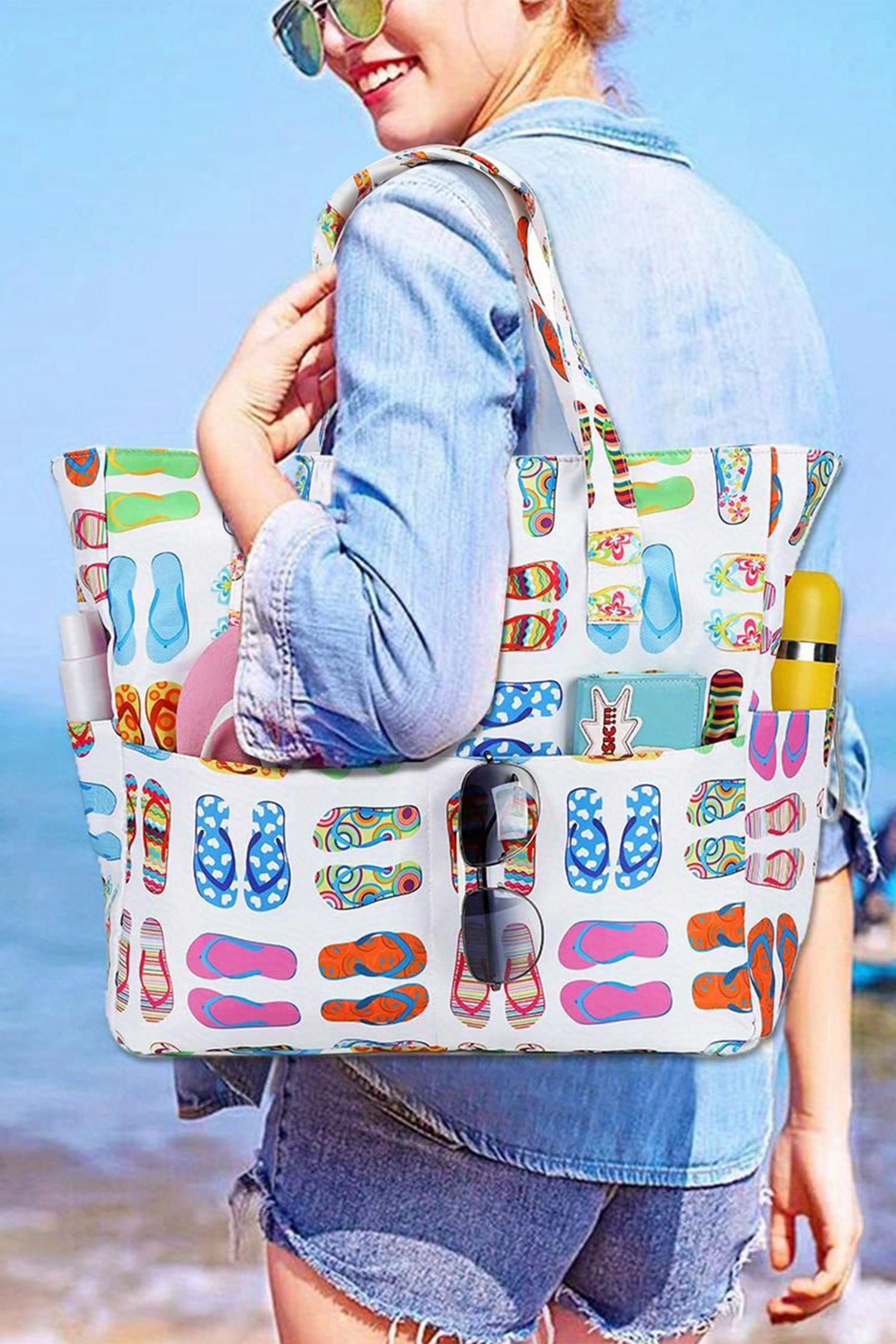 White Waterproof Slippers Pattern Beach Tote Bag - loveforevers