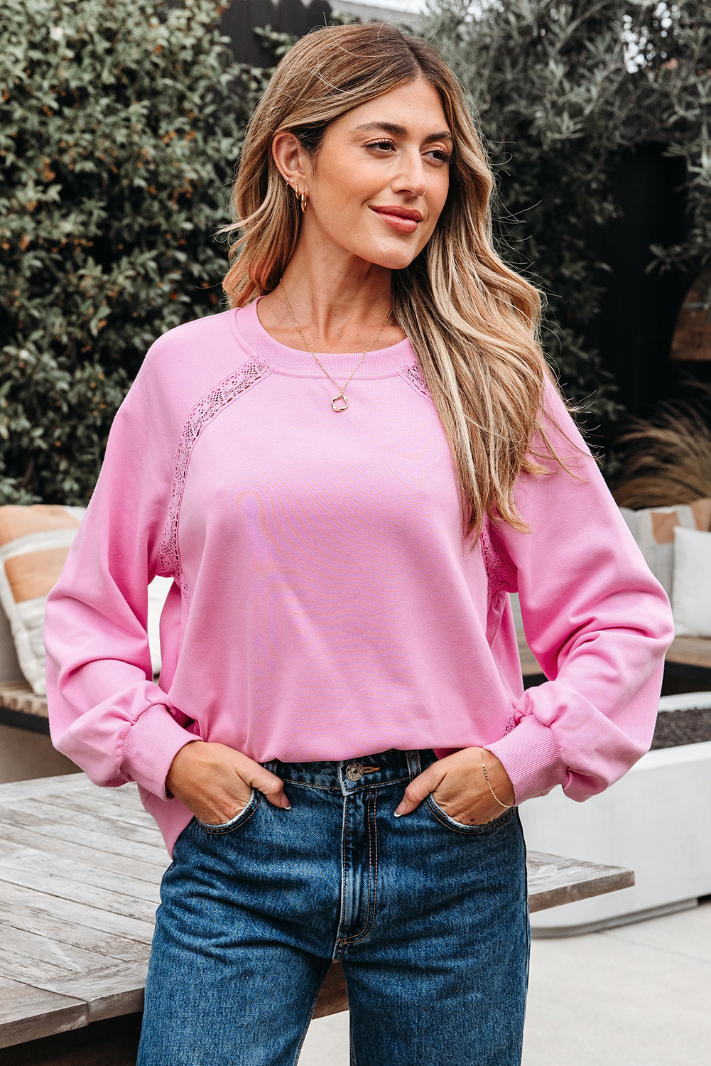 Bright Pink Lace Patched Raglan Sleeve Loose Fit Sweatshirt - loveforevers