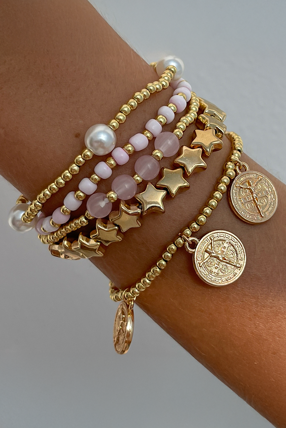 Gold Discs Pearl Stars Beaded Multi Layer Bracelet Set - loveforevers