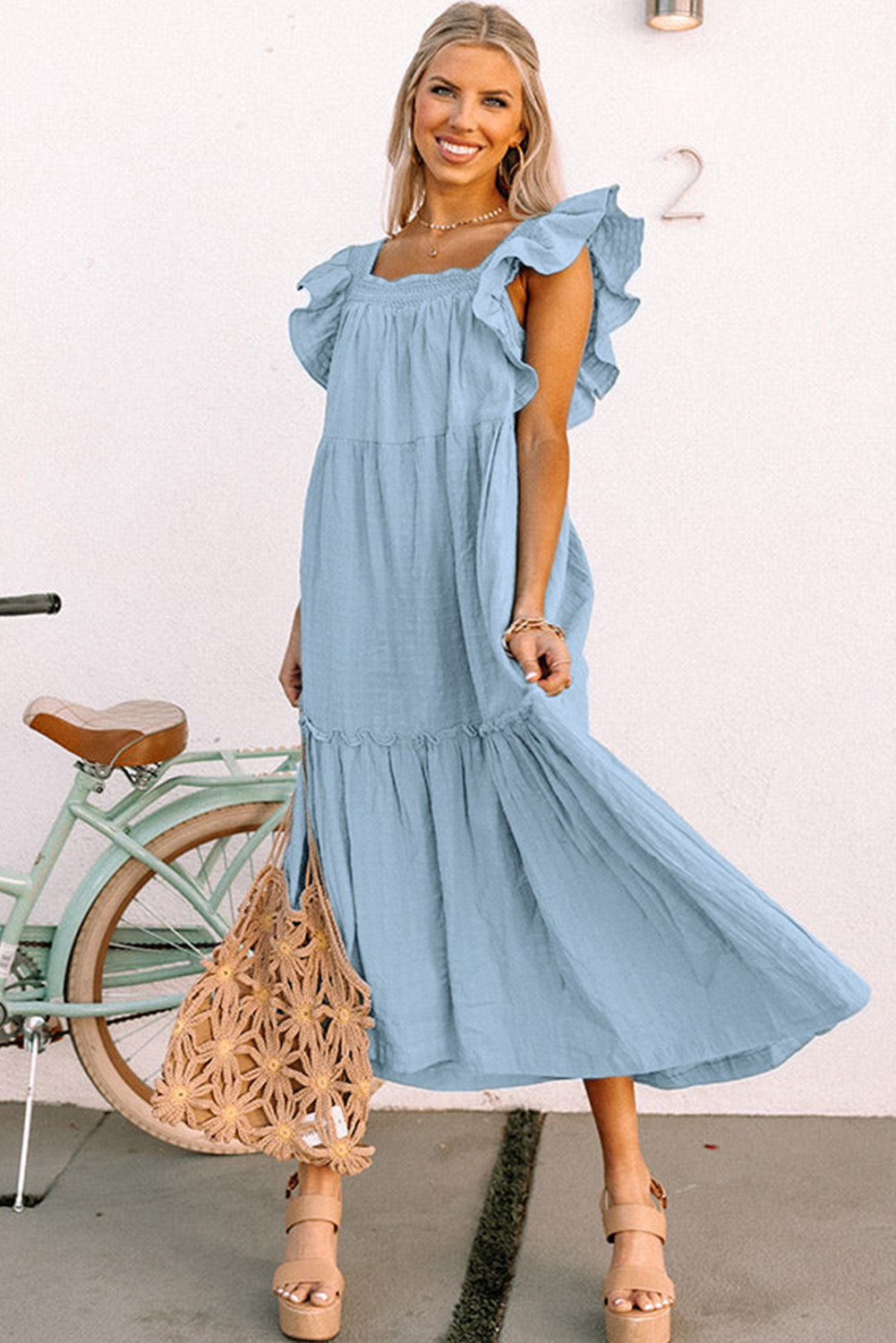 Sky Blue Ruffled Flutter Sleeve Square Neck Textured Tiered Maxi Dress - loveforevers