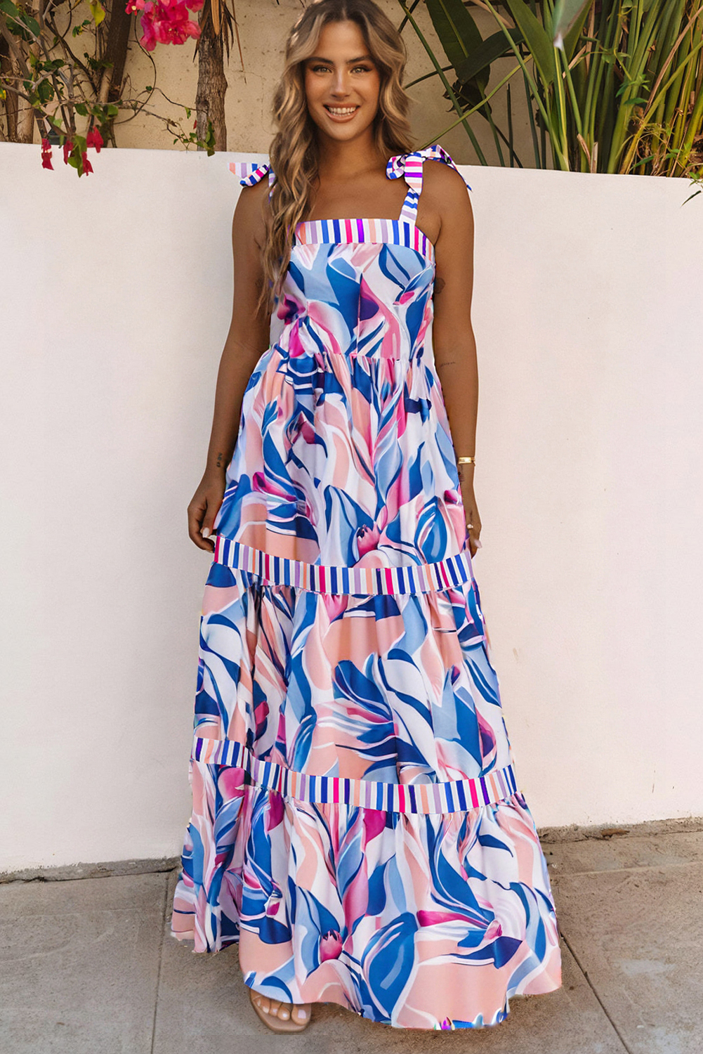 Sky Blue Abstract Print Striped Detail Knot Strap Maxi Dress - loveforevers