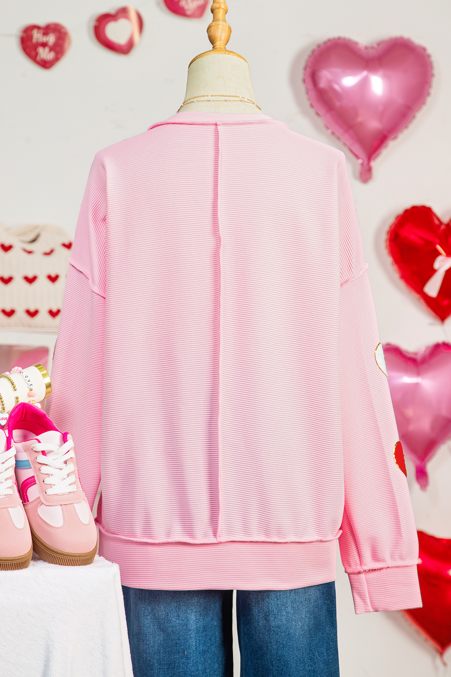 Pink Ribbed Texture Chenille Heart Glitter Trim Patched Long Sleeve Top - loveforevers