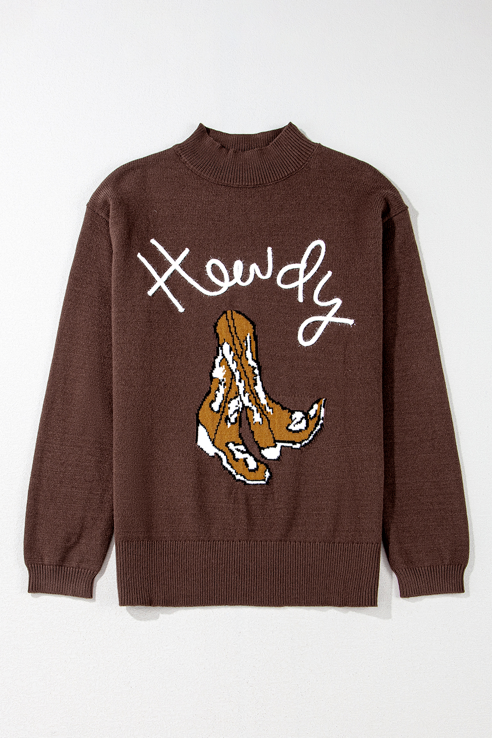 Coffee Western Howdy Boot Graphic High Neck Sweater - loveforevers