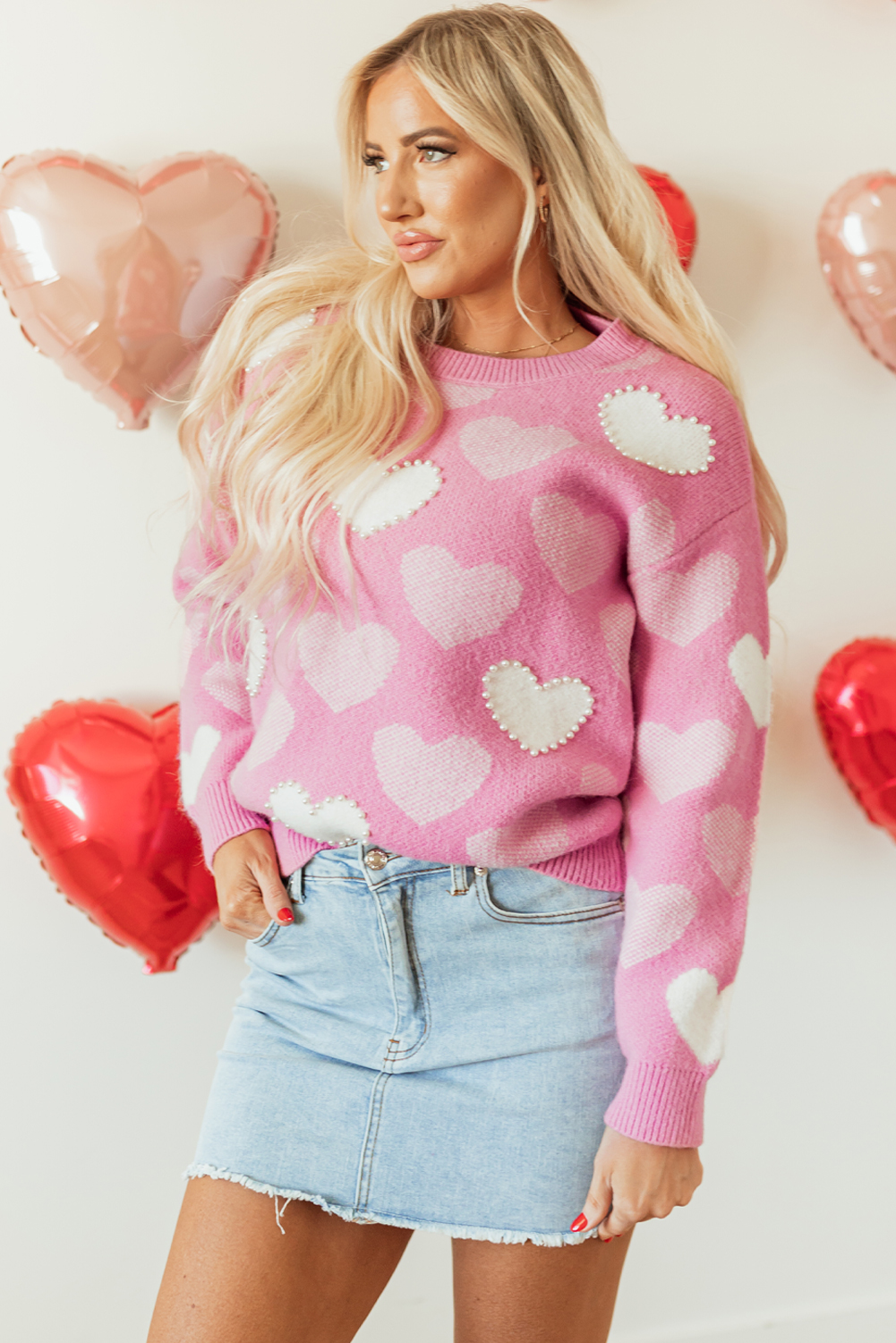 Pink Pearled Heart Print Valentines Crew Neck Sweater - loveforevers