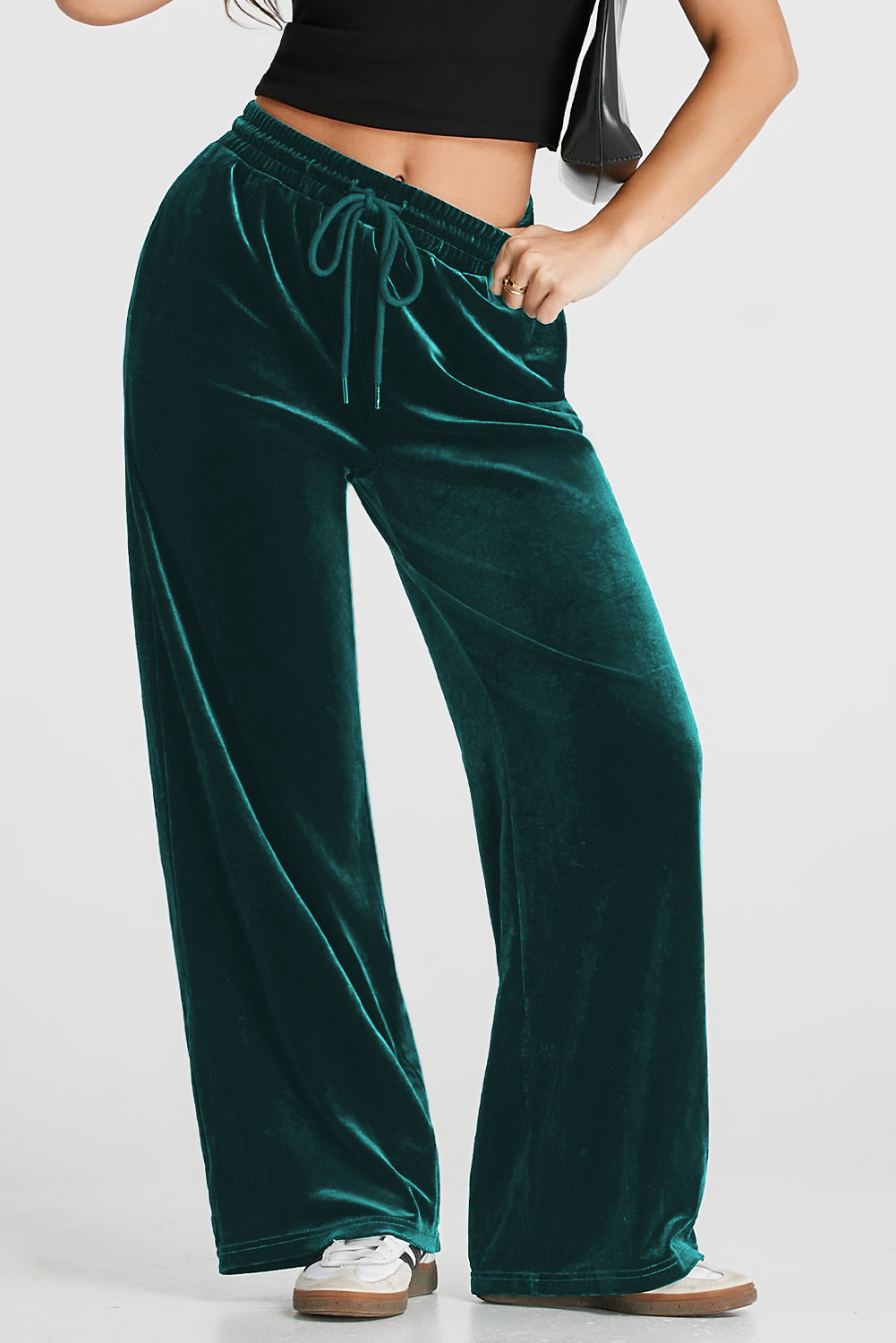 Evergreen Solid Drawstring Waist Wide Leg Pants - loveforevers