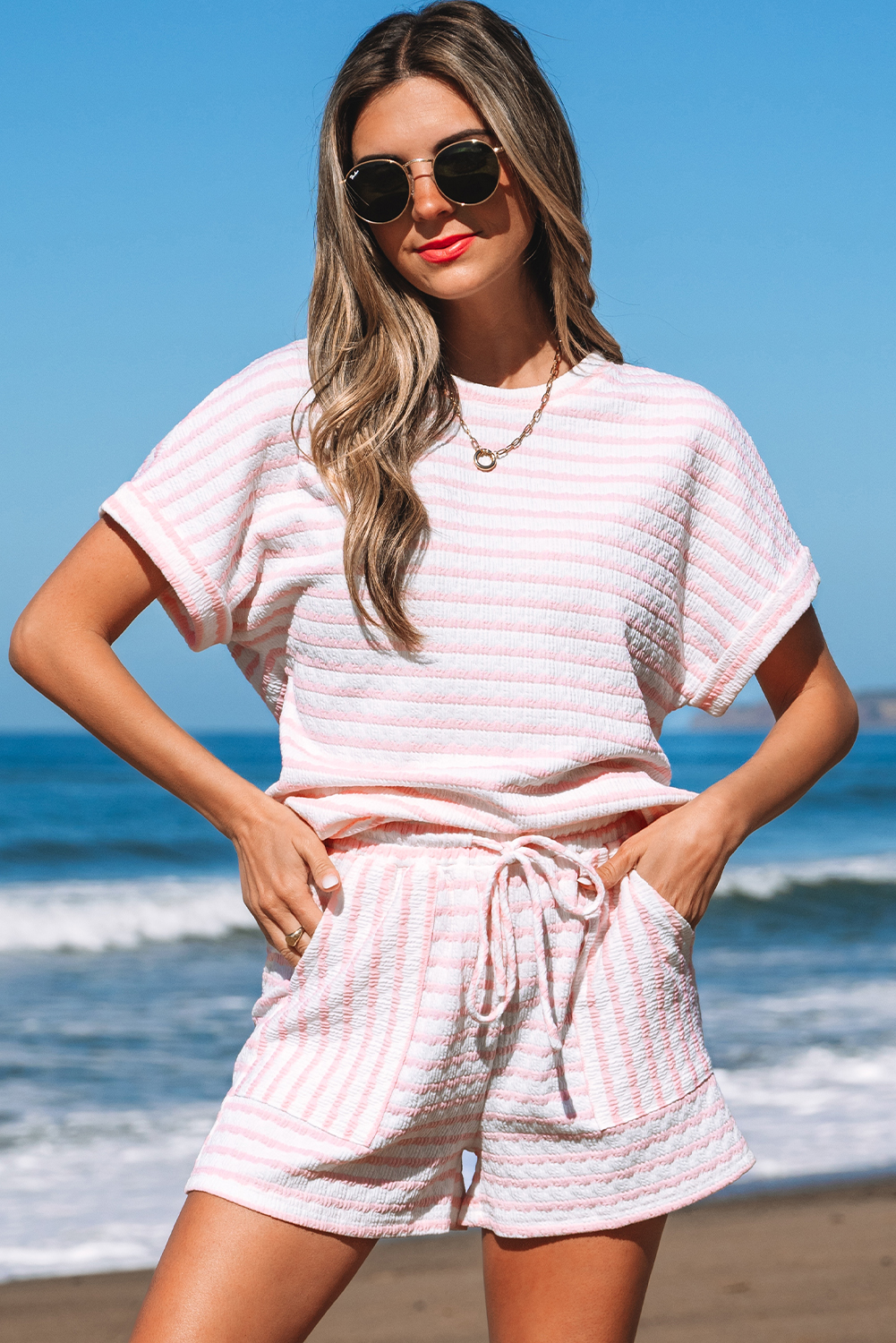 Pink Stripe Knitted Short Sleeve Top and Drawstring Shorts Set - loveforevers