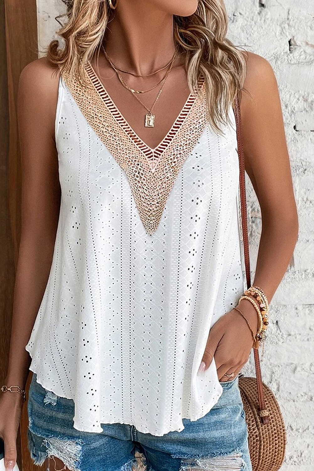 White Lace Crochet Splicing V Neck Loose Fit Tank Top - loveforevers