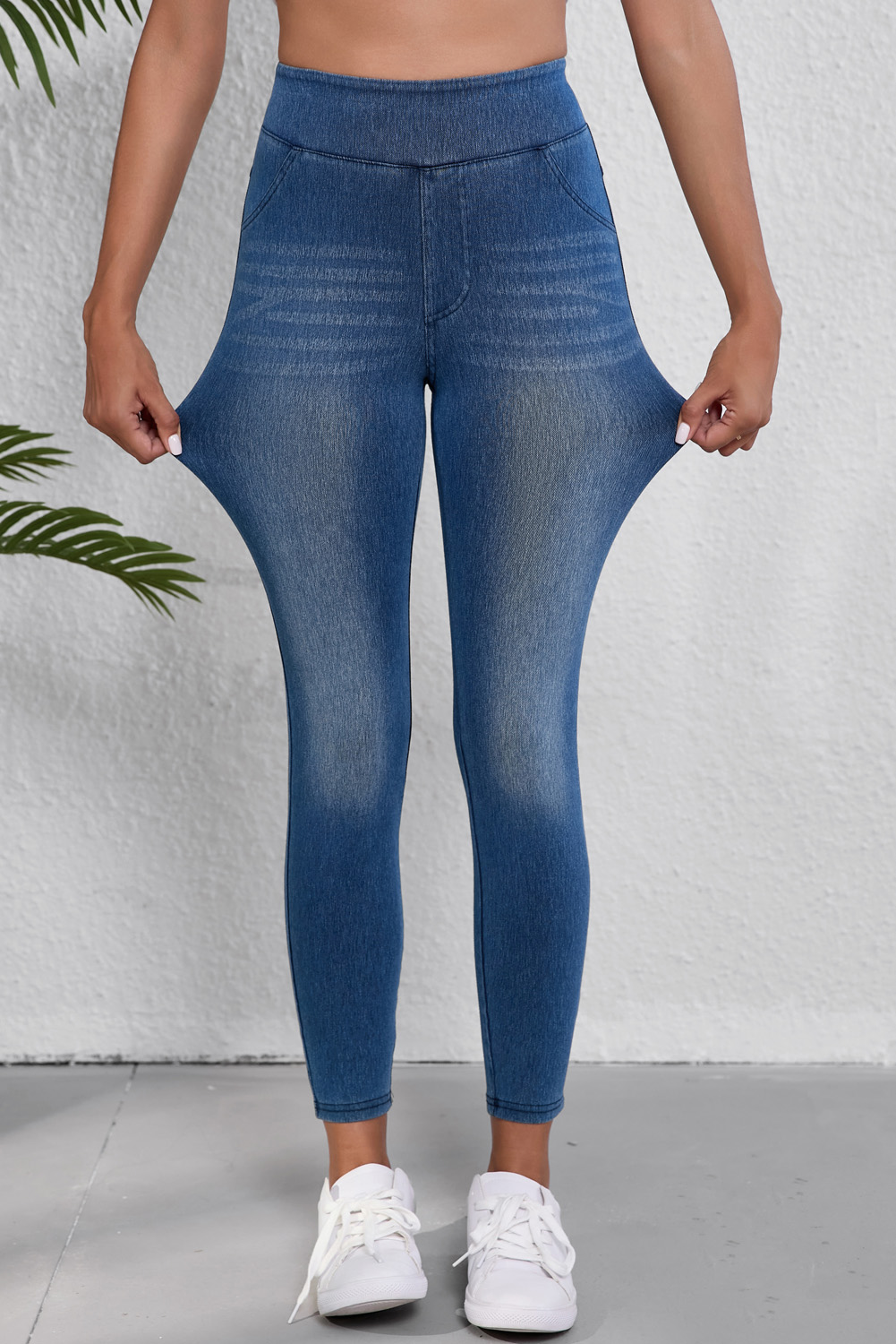 Navy Blue Skinny Elastic Waist Ankle Length Mid Waist Jeggings with Pockets - loveforevers