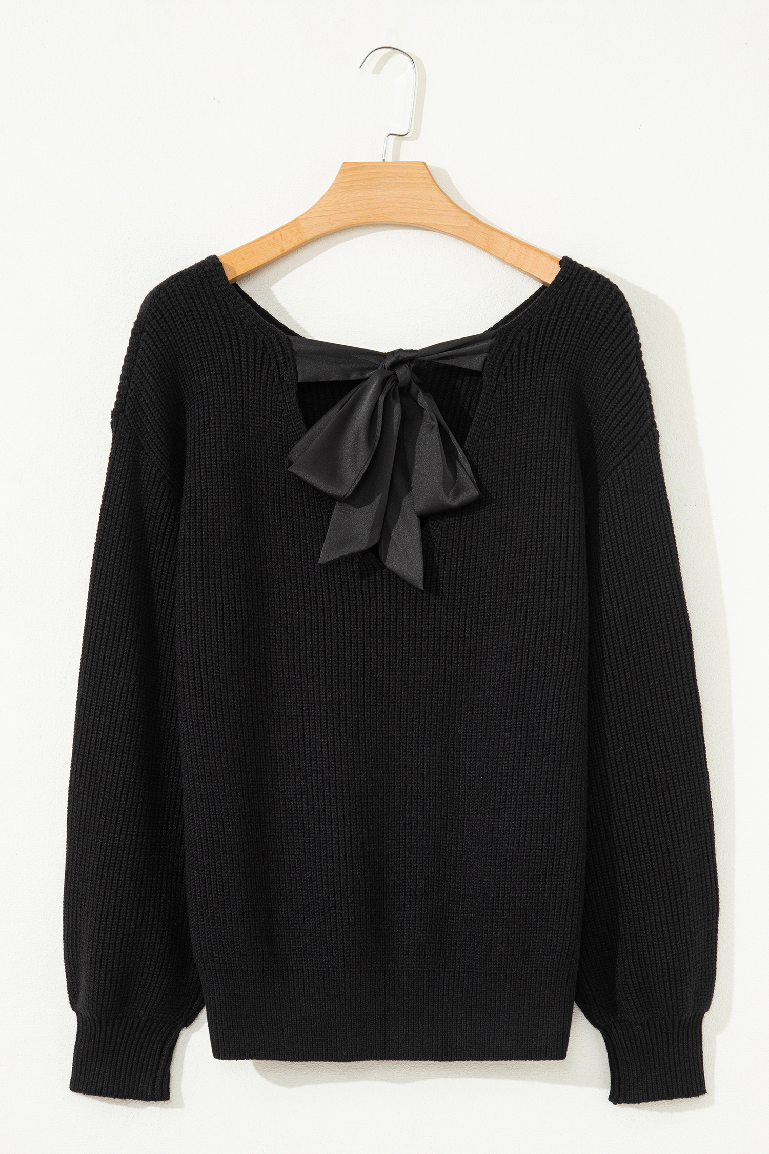 Black Ribbed Knit Ribbon Knot Backless Drop Shoulder Sweater - loveforevers