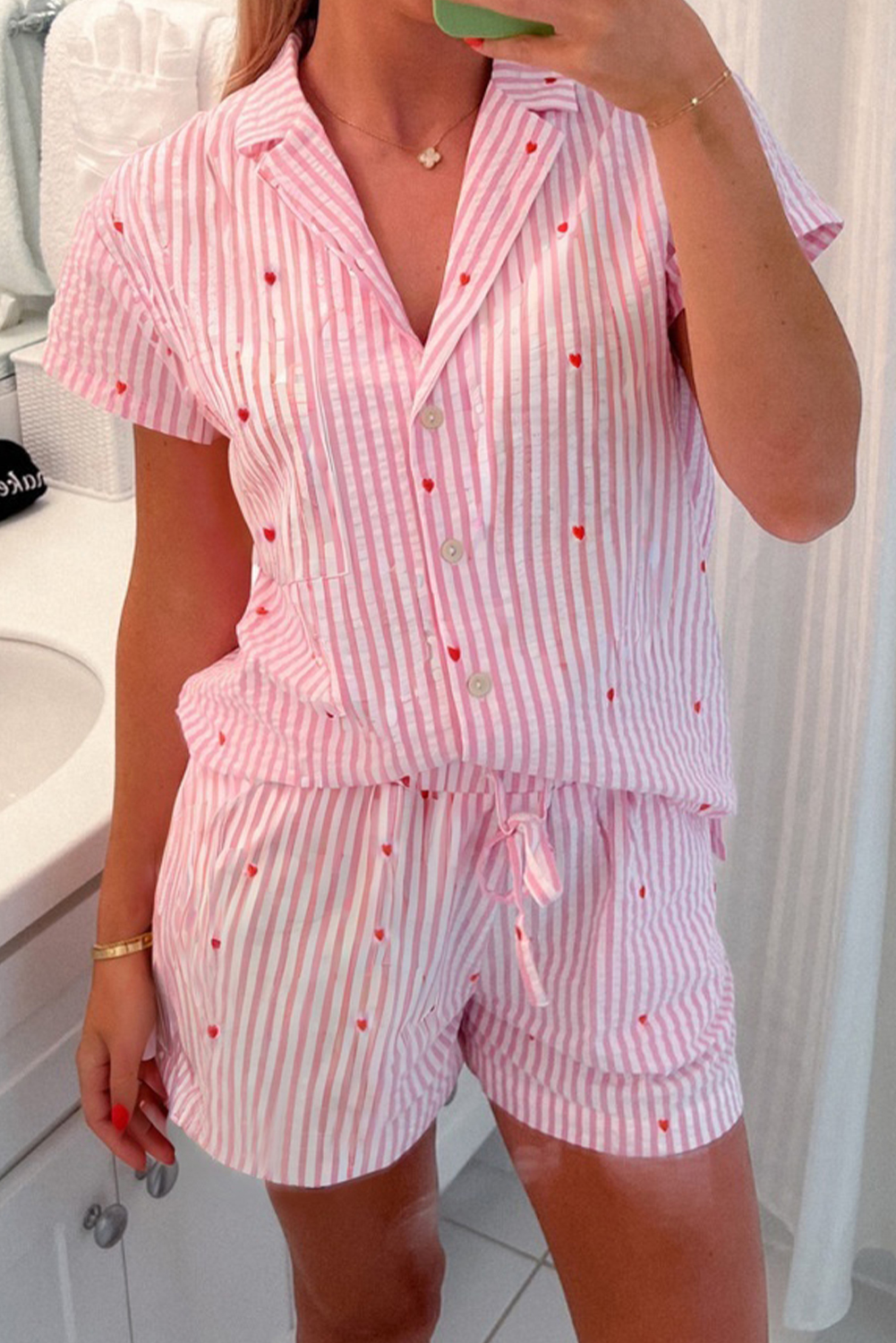 Pink Striped Tiny Hearts Printed Lapel Collar Shirt Style Short 2pcs Pajama Set - loveforevers