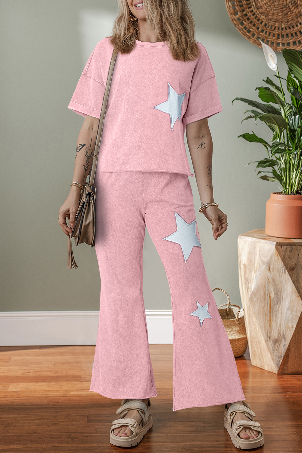 Light Pink Acid Wash Star Patched Rolled Trim Pants Set - loveforevers