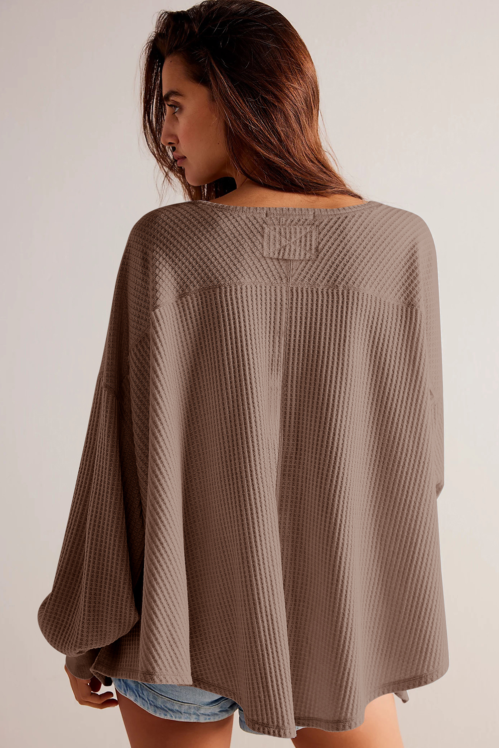 Light Pink Waffle V Neck Long Sleeve Drop Shoulder Loose Blouse - loveforevers