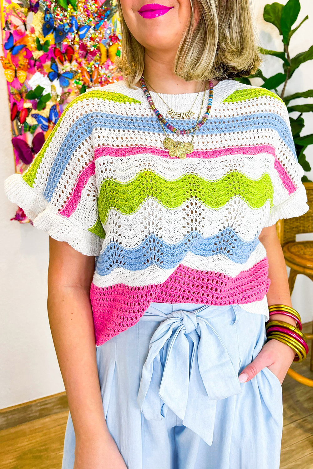 White Colorblock Crochet Knit Ruffled Short Sleeve Sweater Top - loveforevers