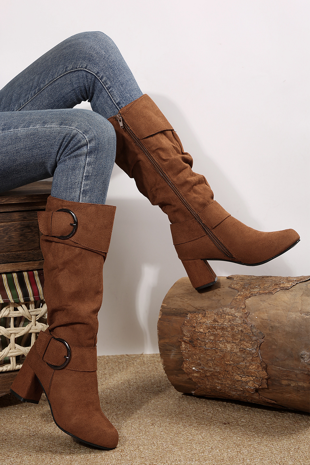 Coffee Suede Double Buckled Side Zipped Mid-calf Boots - loveforevers