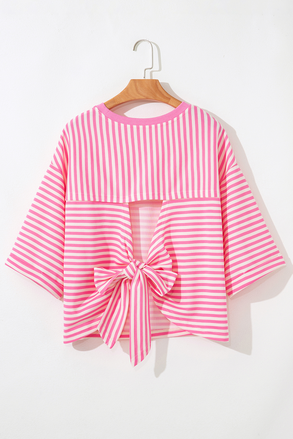 Red Stripe Bowknot Cutout Back Drop Shoulder Wide Bracelet Sleeve Loose Tee - loveforevers