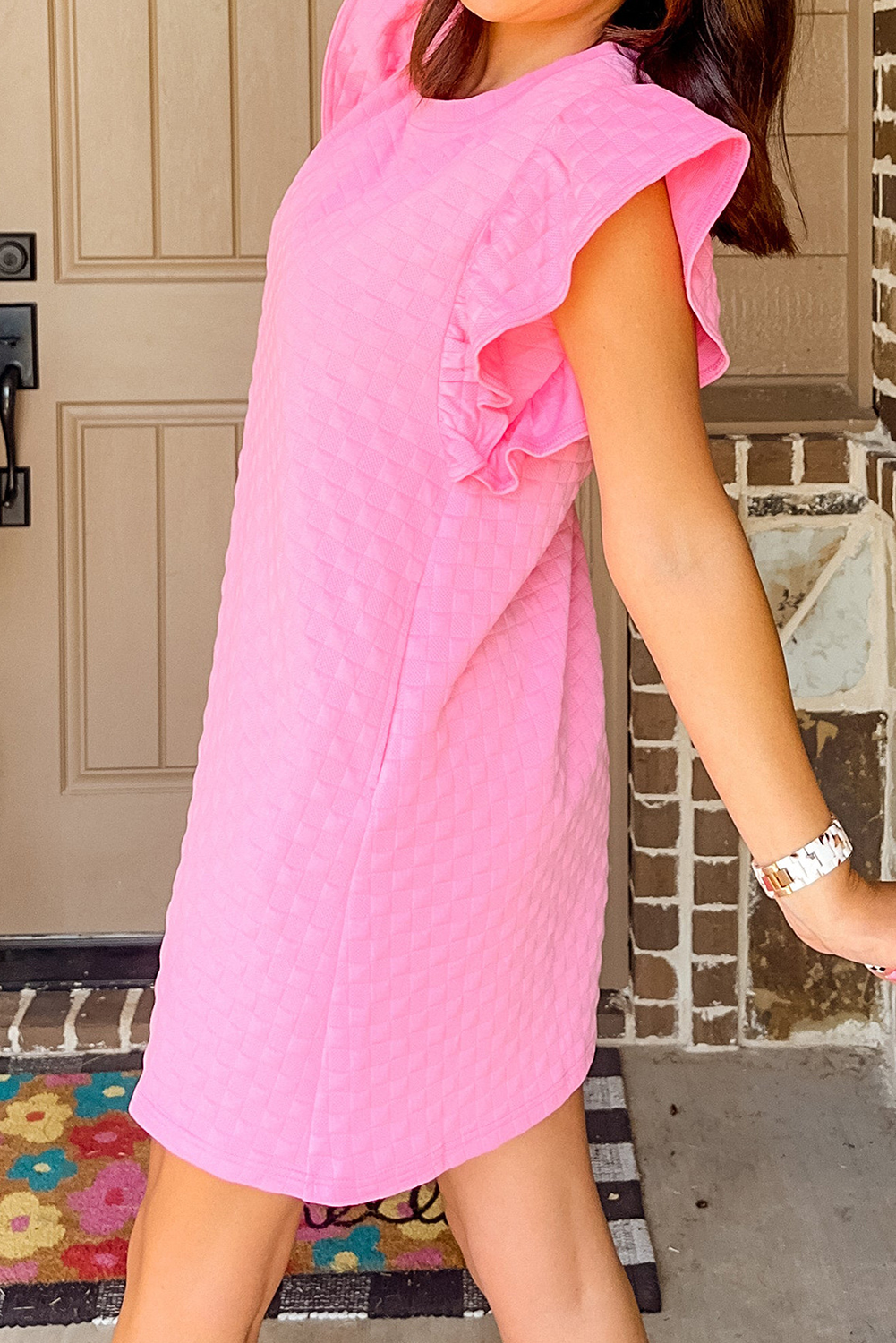 Pink Textured Ruffled Sleeve Shift Summer Dress with Pockets - loveforevers