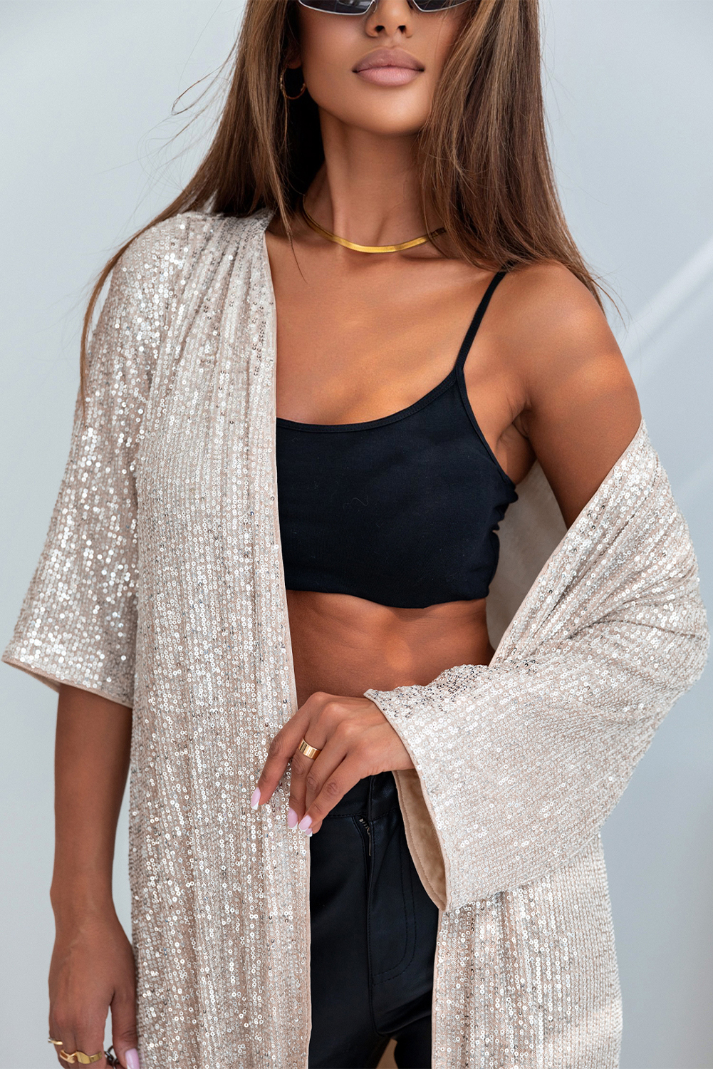 Apricot Sequin 3/4 Sleeve Open Front Duster Kimono - loveforevers
