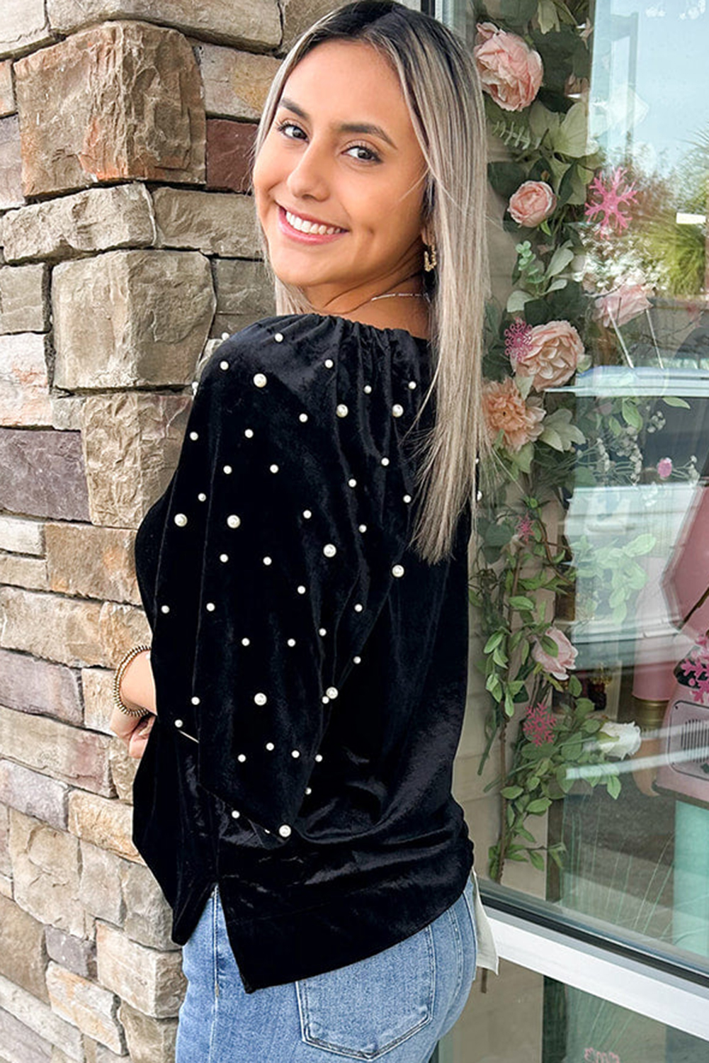 Black Pearl Beaded Half Sleeve Velvet Top - loveforevers