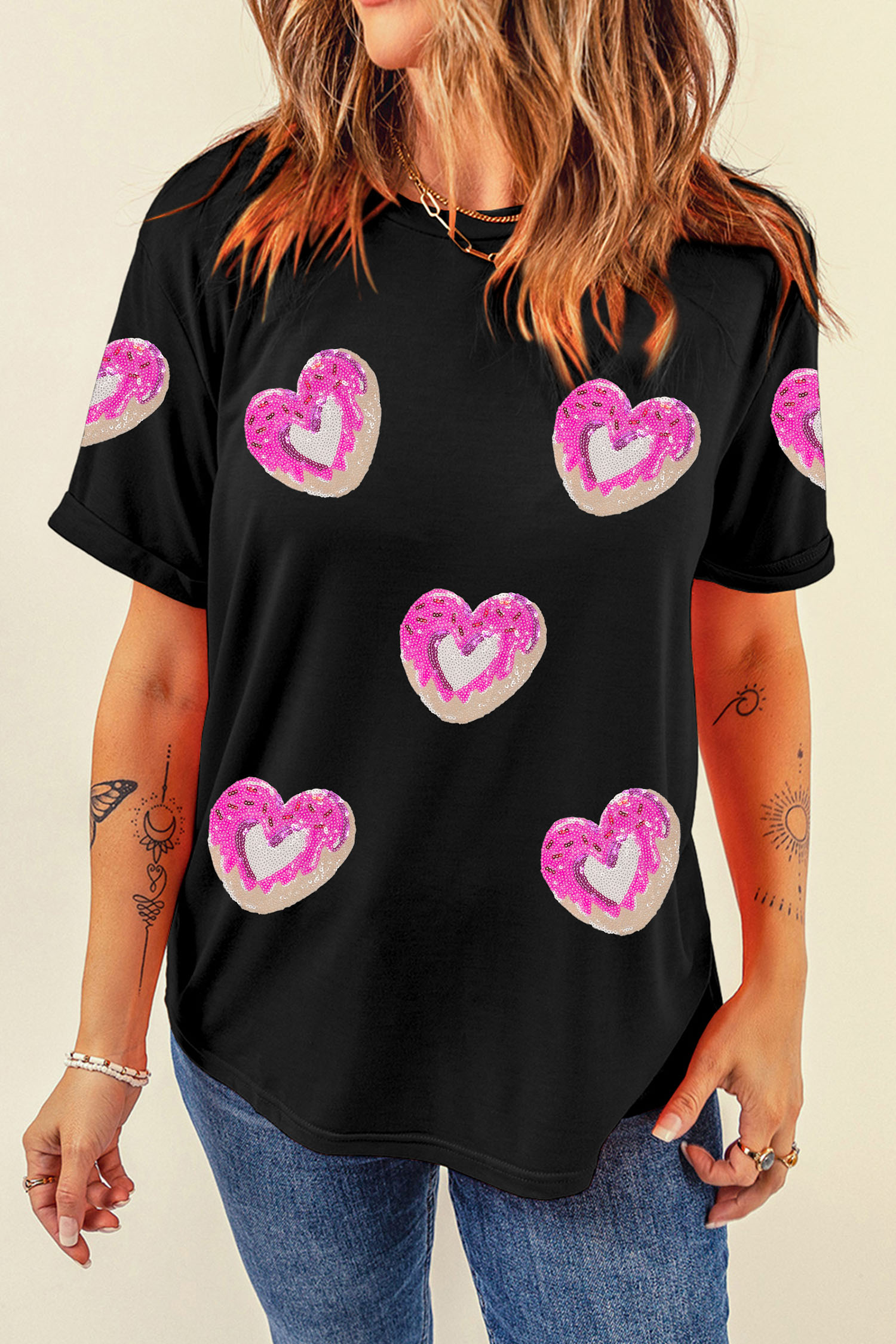 Black Sequin Donut Heart Valentines Graphic Tee - loveforevers