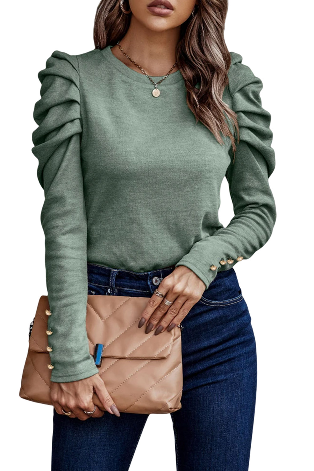 Green Buttoned Puff Long Sleeve Sheath Top - loveforevers